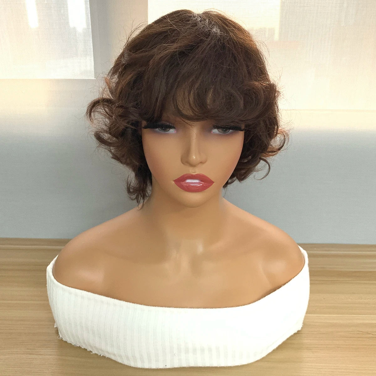 Bouncy Curly Short Pixie Bob Cut Human Hair Wigs With Bang Ombre Color Non Lace Full Machine Made Wig For Women Remy Hair