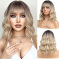 14in Blonde Bob Wig With Bangs For Women Curly & Wavy Shoulder-Length Synthetic Hairpiece, Perfect For Daily Wear & Cosplay