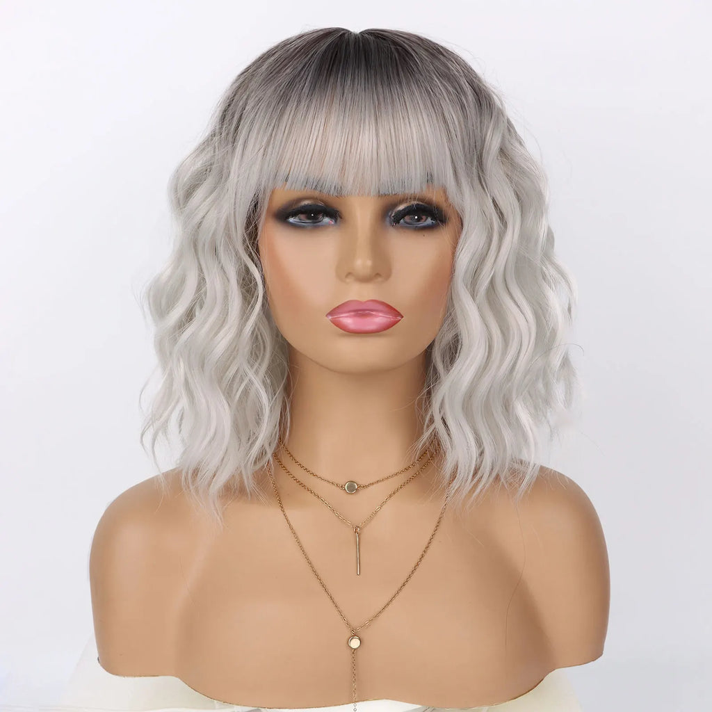 Synthetic Hair Wigs Short Curly Wavy Bob with Bangs Machine Made Daily Cosplay Party Halloween Party for Black Women Girls Use