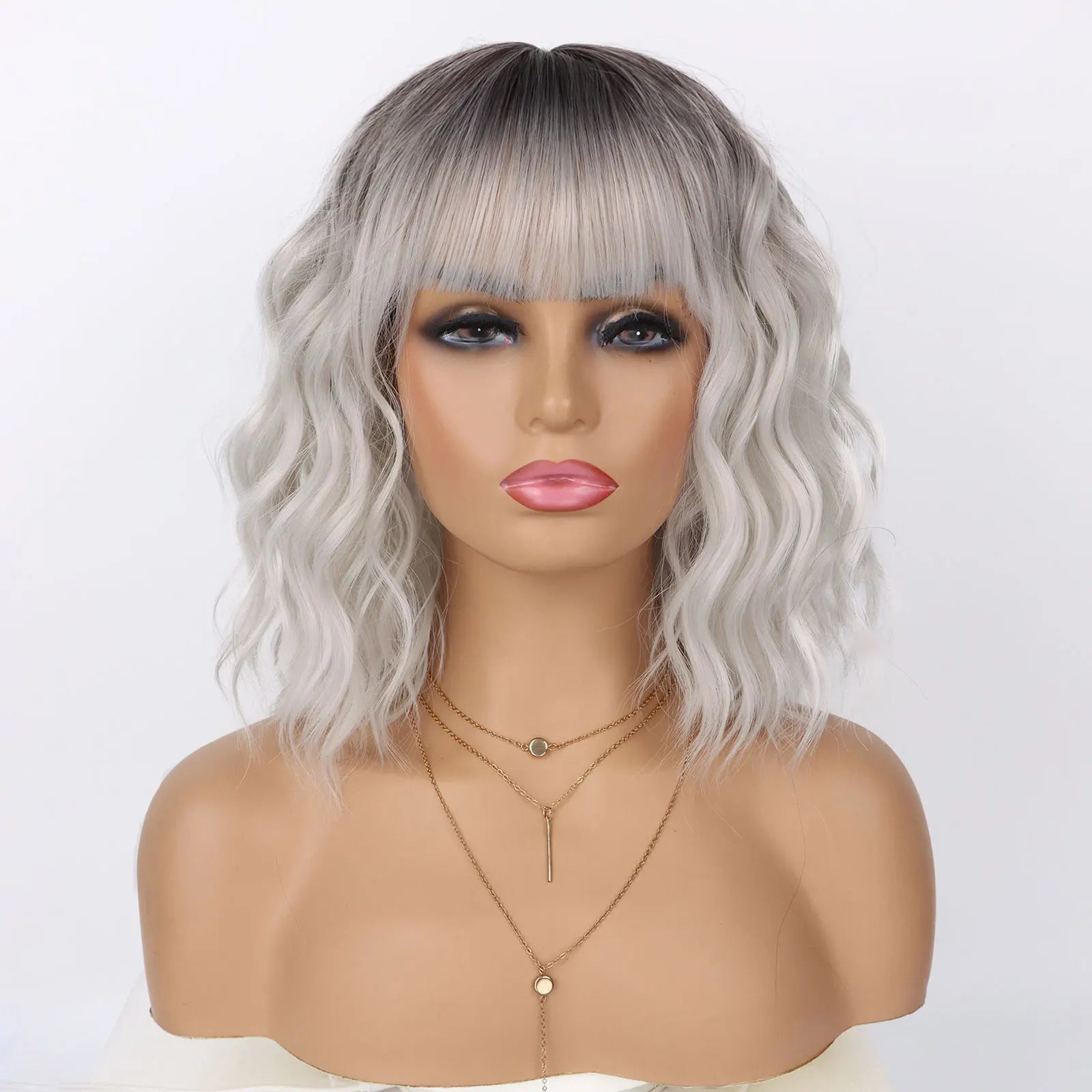Synthetic Hair Wigs Short Curly Wavy Bob with Bangs Machine Made Daily Cosplay Party Halloween Party for Black Women Girls Use