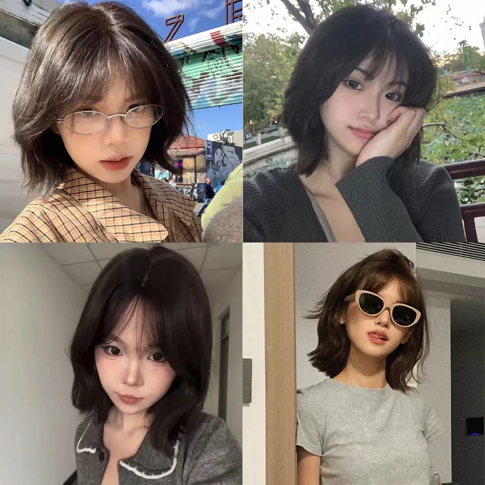 Brown Black Short Curly Hair Wig for Women High Quality Synthetic Wig Wave Fashion Ladies Wig with Bangs Cosplay Lolita Party