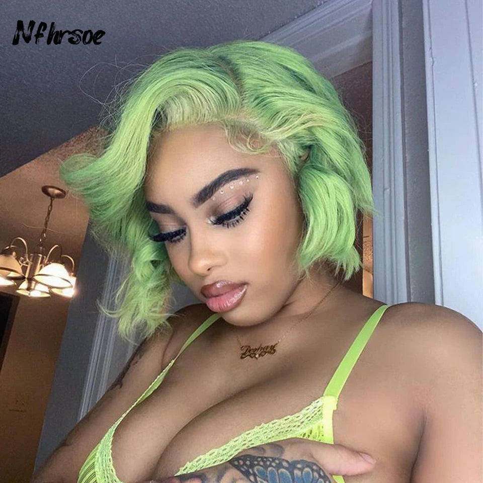13X4 HD Lace Front Wig Brazilian Short Wave Pixie Cut Human Hair Wigs For Women Preplucked Light Green Colored Short Bob Wigs