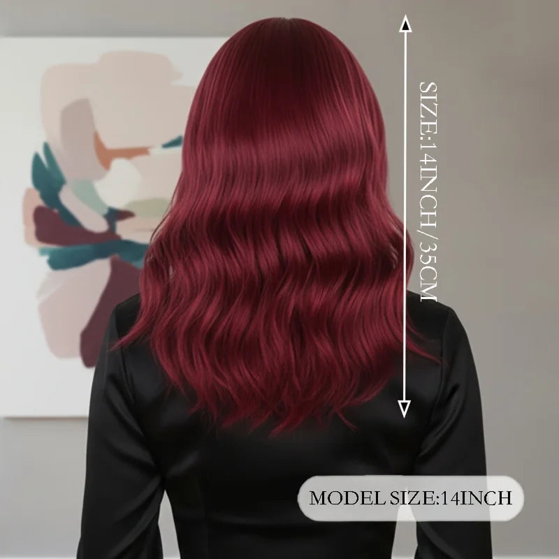 Wine Red Bob Synthetic Wig for Women Short Wave Curly Hair with Bangs 14 Inch Natural Look Party Cosplay Costume Hairpiece