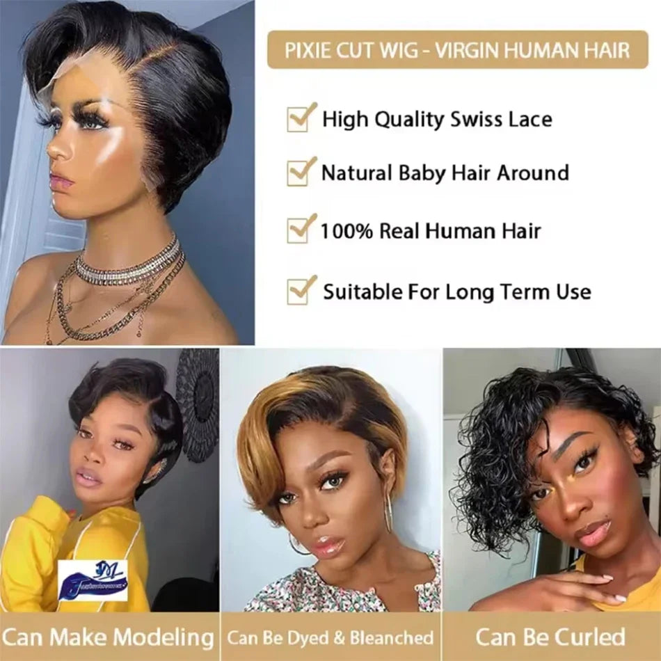 13×4 frontal lace remy wig for women 8inch short straight pixie cut human hair wig natural black/#4  color 150%density