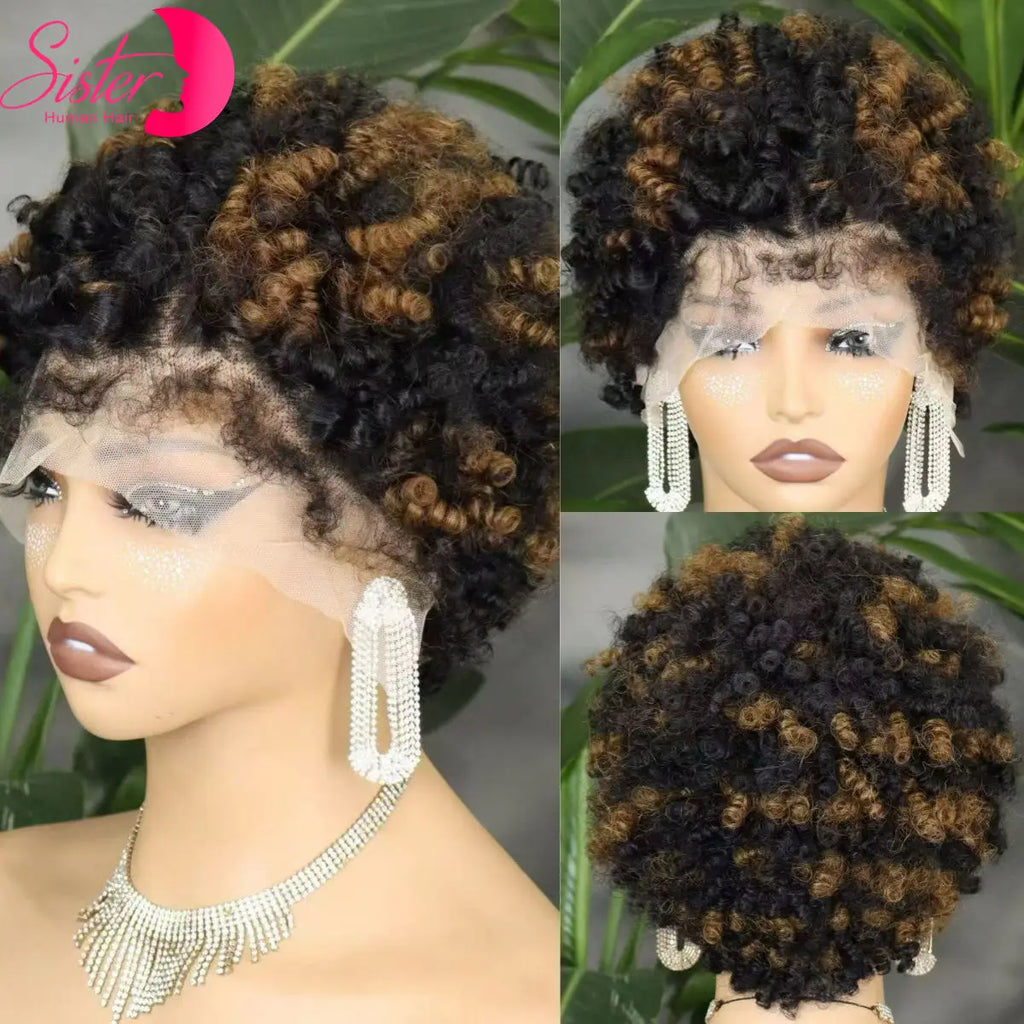 Short 4C Hairline Dark Ombre Afro Kinky Curly Bob Wig Human Hair Wigs 13x4 Lace Front 4C Edges Natural Hairline Wigs for Women