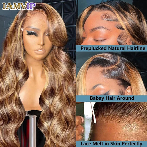 13x4 13x6 HD Lace Front Wig for Women Body Wave Remy Human Hair P4/27 Piano Ombre Blonde Brown Highlight Glueless Human Hair