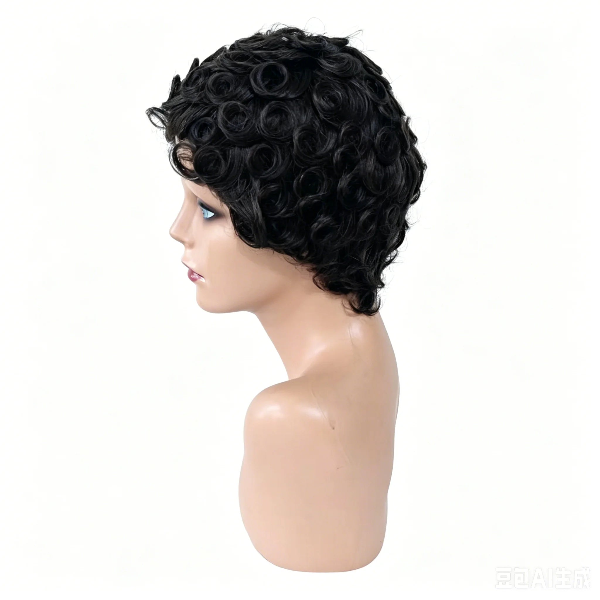 Short Bob Women's Human Hair Pixie Cut Wig Full Machine Made Short Layered Curly with Bangs, Natural Black 210% Density