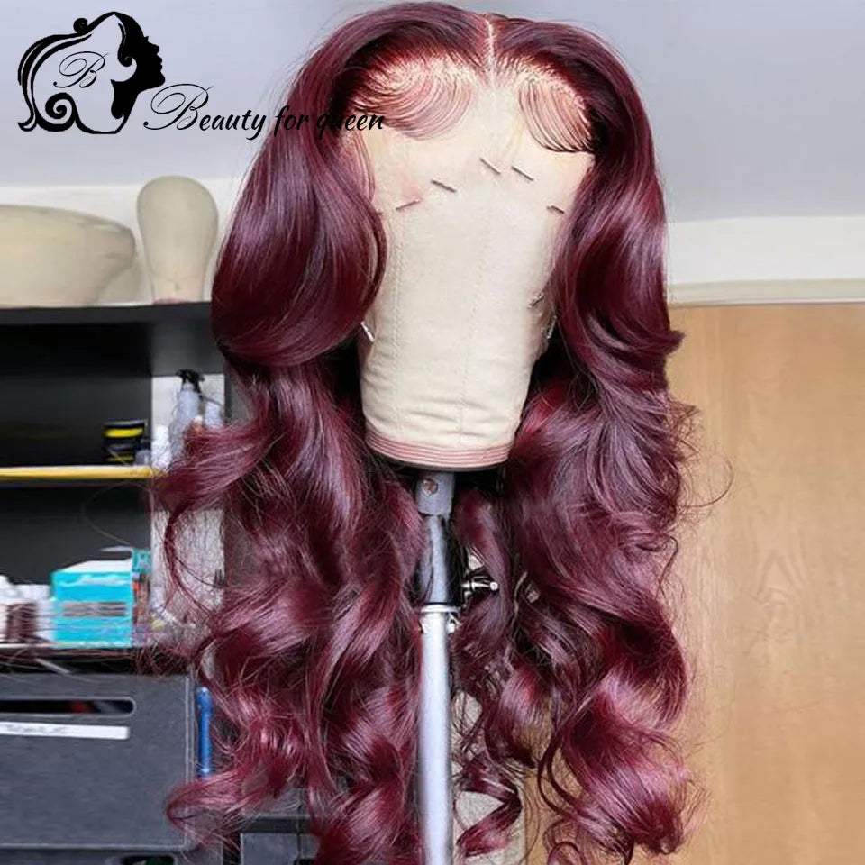 High Quality Pre Plucked Colored Dark Red Bone Straight 2026 13x4 Lace Frontal Wigs Brazilian Human Hair Women Cosplay Customize