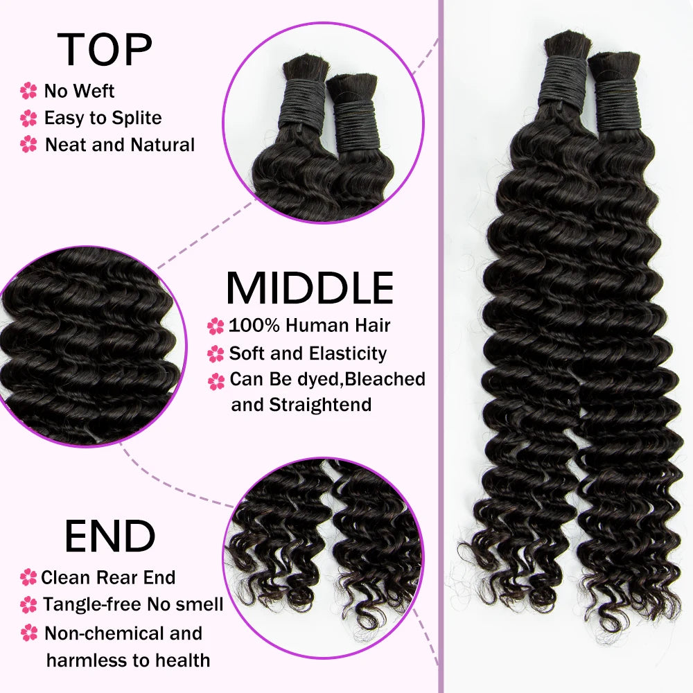 Natural Human Braiding Hair 26 28 Inch Deep Water Wave Bulk Human Hair for Boho Braids No Weft 16A Virgin Curly Hair Extensions