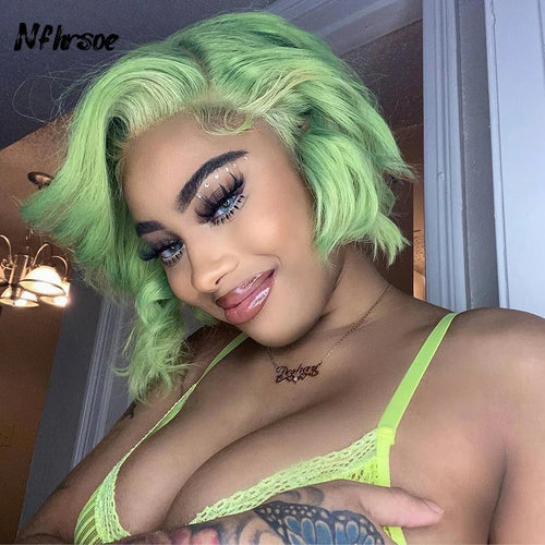 13X4 HD Lace Front Wig Brazilian Short Wave Pixie Cut Human Hair Wigs For Women Preplucked Light Green Colored Short Bob Wigs