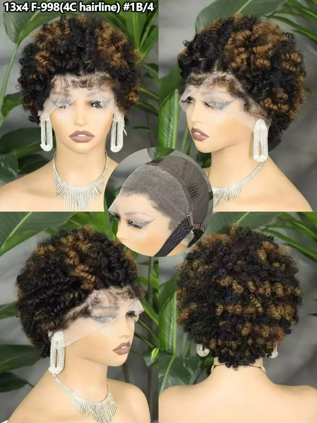 Short 4C Hairline Dark Ombre Afro Kinky Curly Bob Wig Human Hair Wigs 13x4 Lace Front 4C Edges Natural Hairline Wigs for Women
