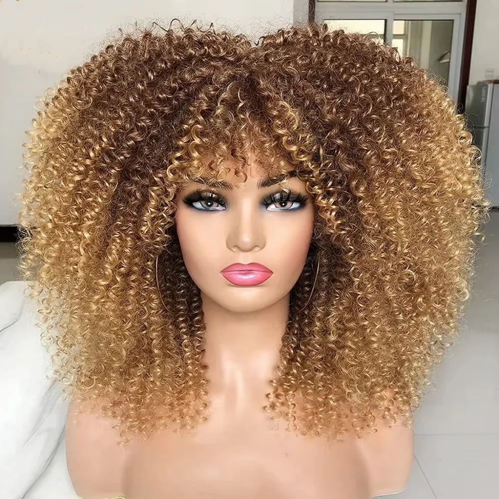 16 Inch Black Brown Natural Looking Synthetic Hair Afro Curly Wig for Black Women Kinky Curly Wig with Bang Short Curly Bob Hair