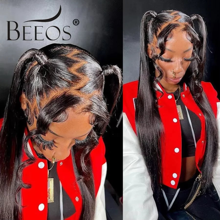 34in Jet Black 13x6 HD Transparent Lace Frontal Wigs Bone Straight 13X4 Real HD Lace Full Frontal Wigs Glueless 250% Pre Plucked