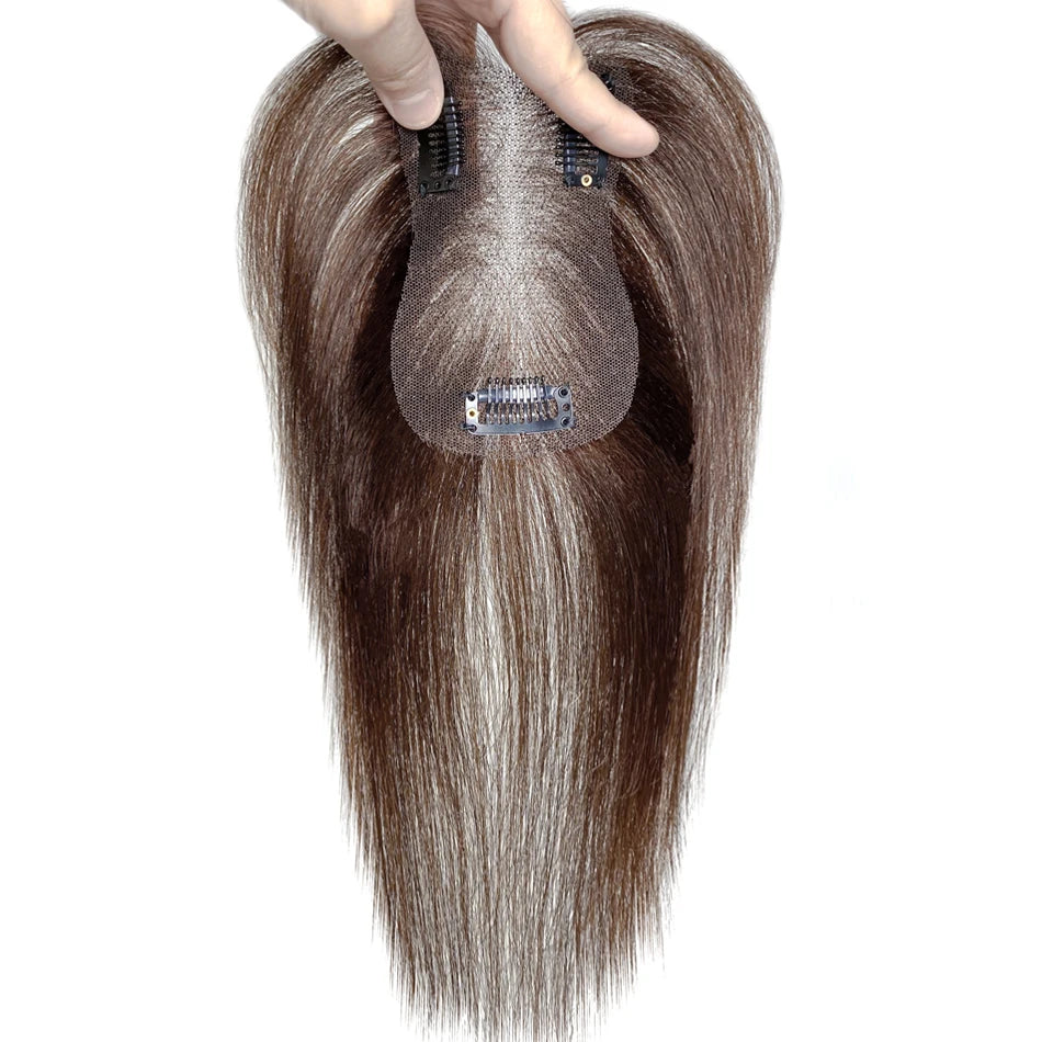100% Real Human Hair Toppers with Bangs Silk Base 3Clip Pieces Brown Straight Human Topper Hairs for Women Hair Extension