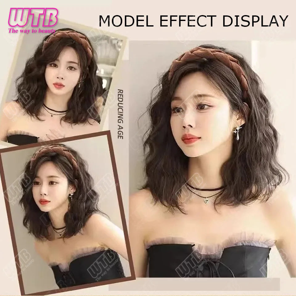 Short Wavy Curly Headband Wig Clip on Hair Extension U-Shaped Hairpieces Synthetic Natural Fake Half Wig for Women