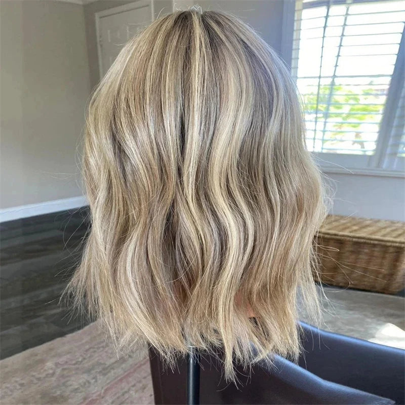 High Heat Fibre Realistic Lace Front Wig Ash Blonde Highlights HD Lace Wigs for Women Hair Loss 13x4 Glueless Short Bob Wavy Wig