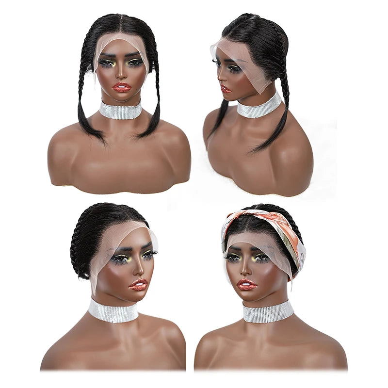 10inches 13x4inch Lace Front plait wig black Gele frontal Wig 100% Human Hair with Baby Hair Wig for Women