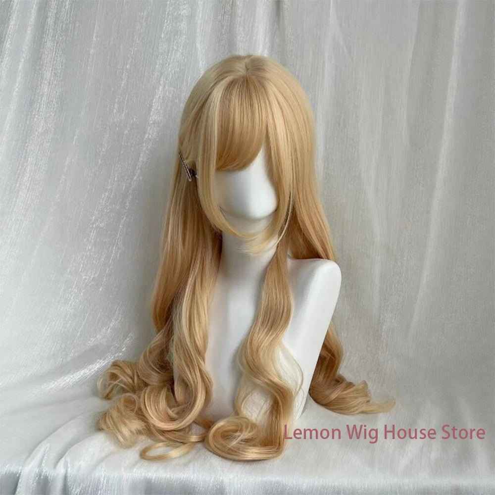 Long Wavy Blonde Synthetic Wig with Bangs Natural Long Curly Hair Lolita Wig for Women Daily Cosplay Halloween Harajuku Wigs