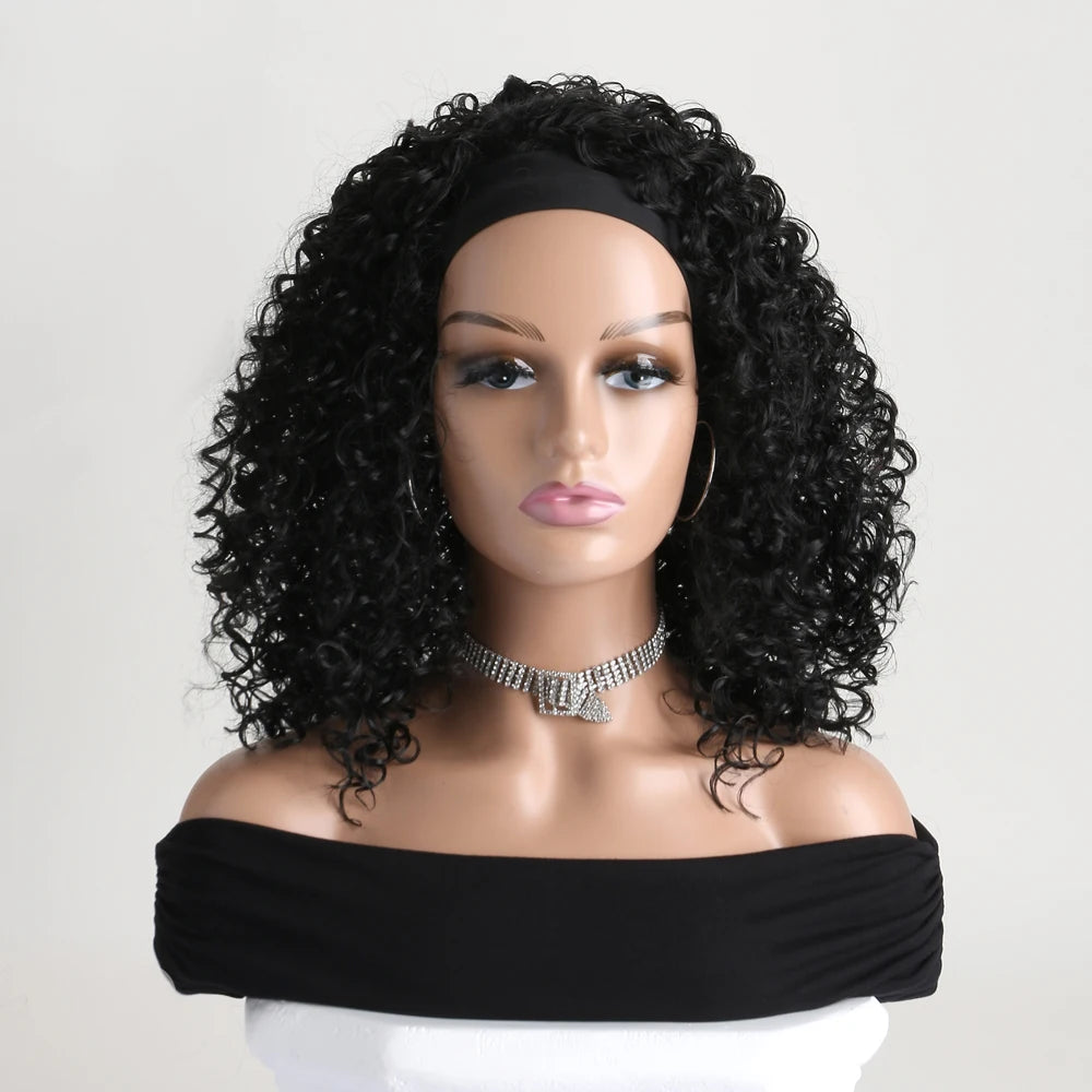 16 Inch Headband Synthetic Natural Kinky Curly Black Brown Wigs For Black Women Daily Party Use Heat Resistant Fake Hair