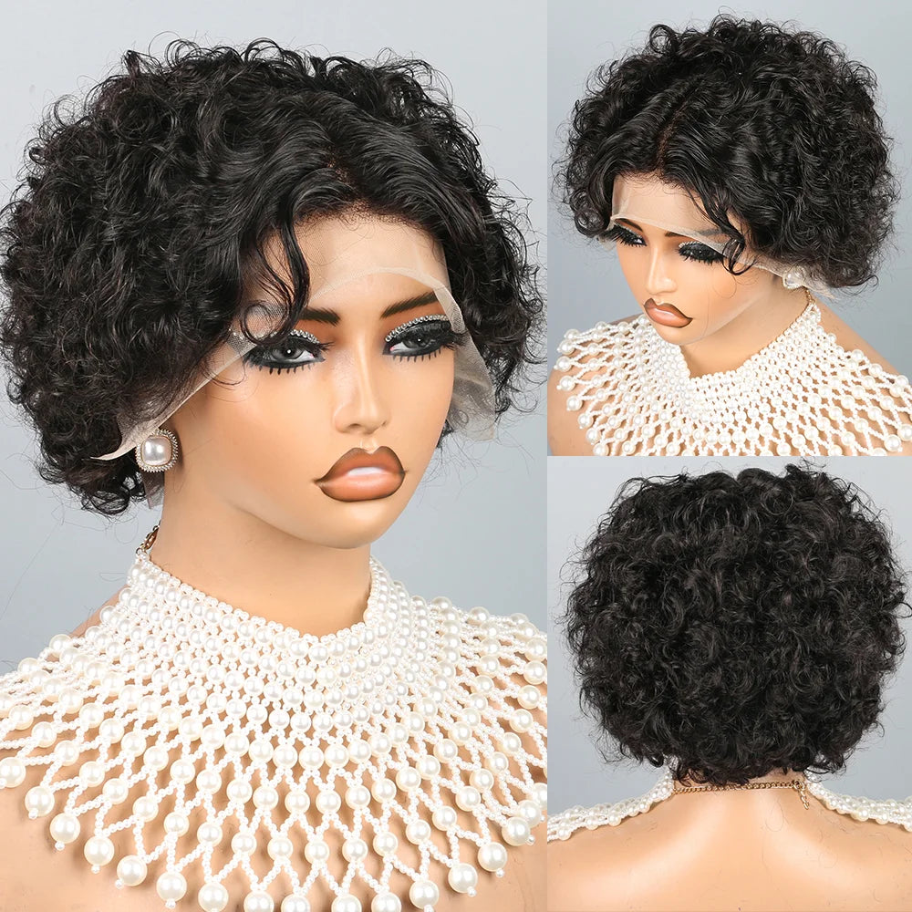 Curly Wig Human Hair Wigs 8 inch Short Bob Pixie Cut Brazilian Human Hair Wig Black Afro Kinky 13×4 Lace Front Wigs for Women