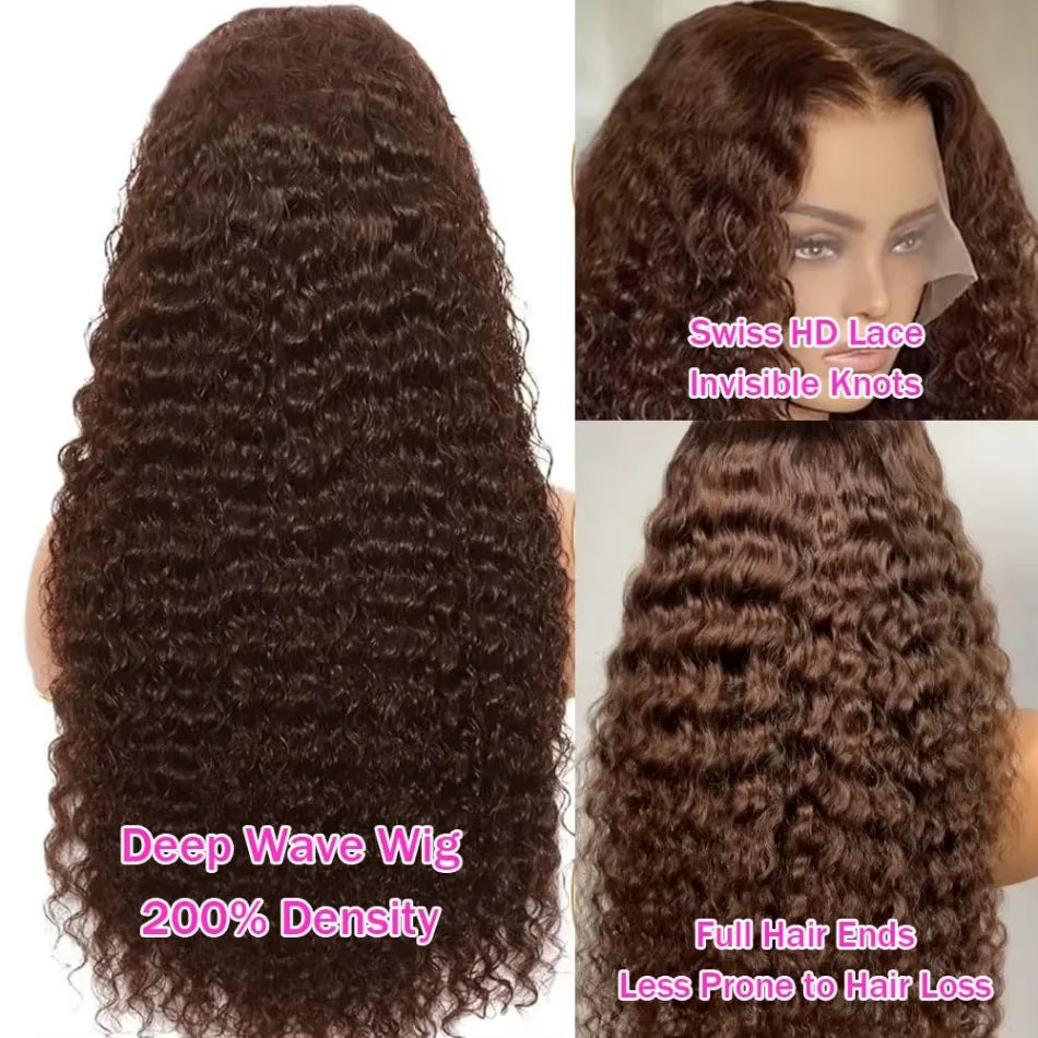 250% Density Chocolate Brown Deep Wave Wigs Human Hair 13x4 13x6 HD Lace Front Human Hair Wig 30 40 Inch Lace Frontal Curly Wig
