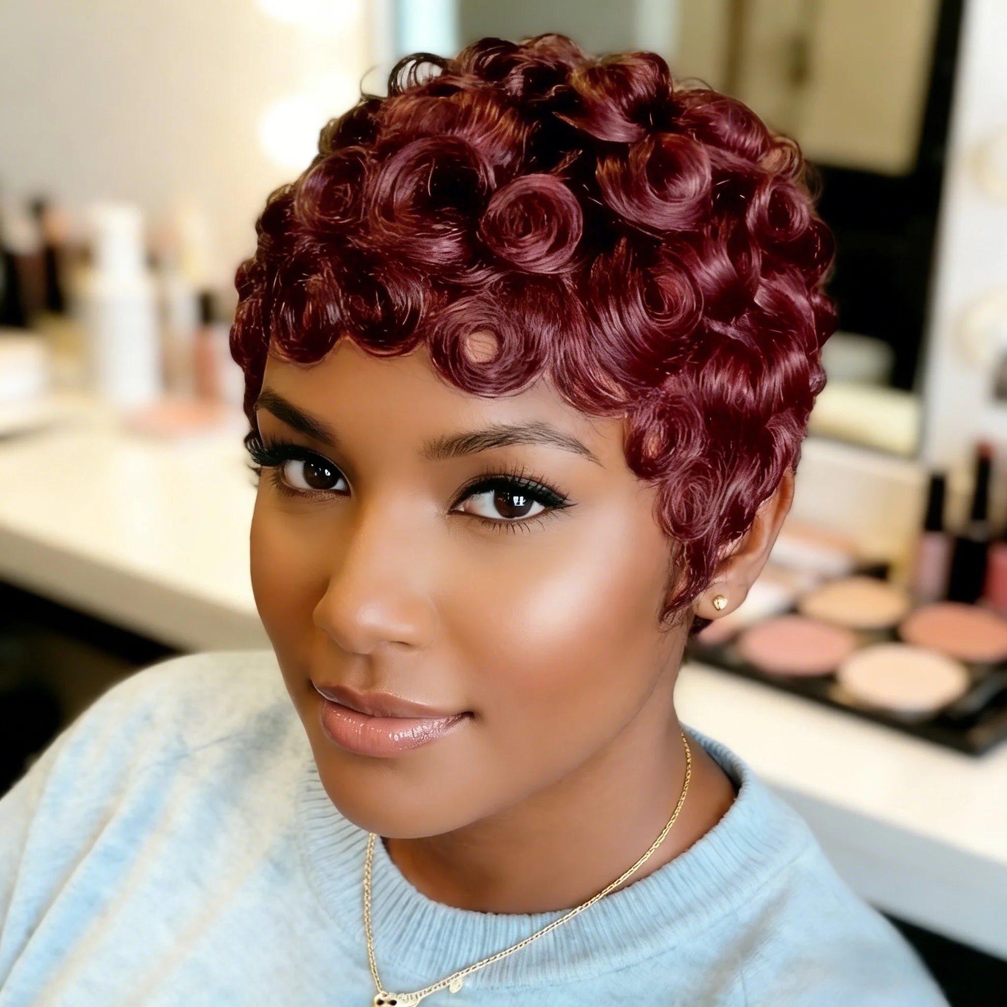 Brazilian Human Hair Wig  Short Pixie Cut with Bang Loose curly Hair for Women Full Machine Wig