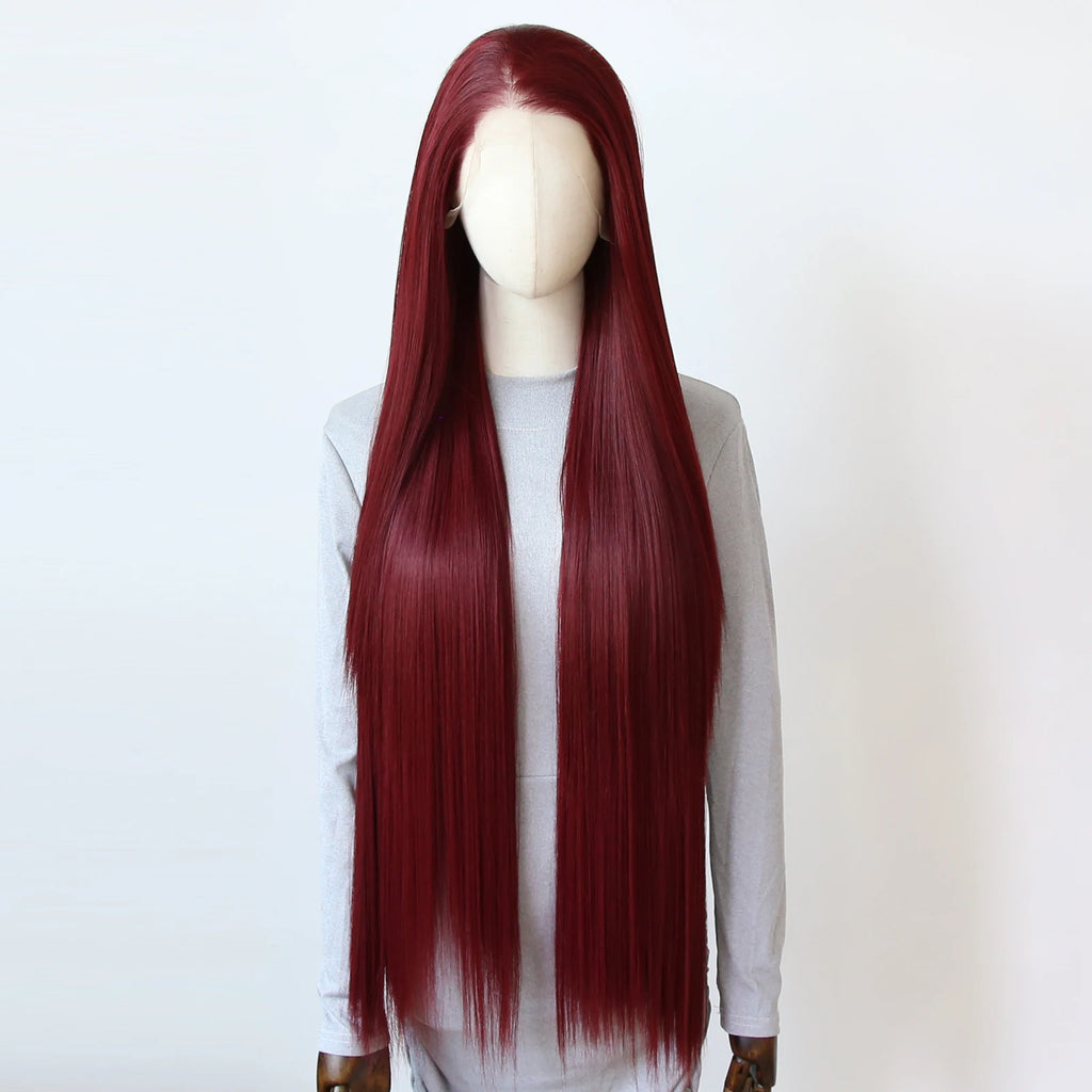 Wine Red Synthetic Lace Front Wig 40inch Long Straight Dark 99J Burgundy Lace Front Synthetic Wig Pre Plucked Natural Hairline