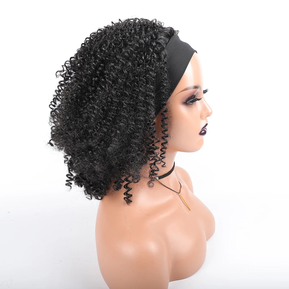 Headband Wig Synthetic Curly Short African American Wigs Afro Wig with Headbands Black Women's Synthetic Afro Wigs with Bandage