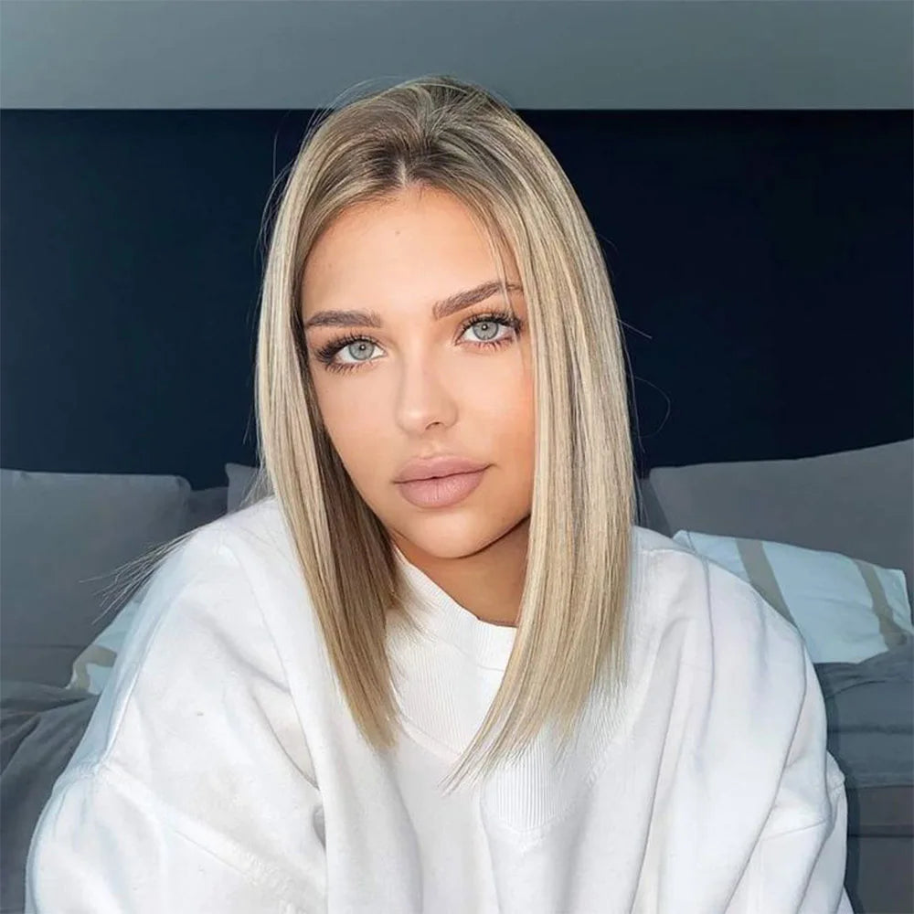 Ash Blonde Bob Lace Front Wig Dark Roots Synthetic Lace Front Wig Short Straight Colored Blonde Wig for Women Daily Use