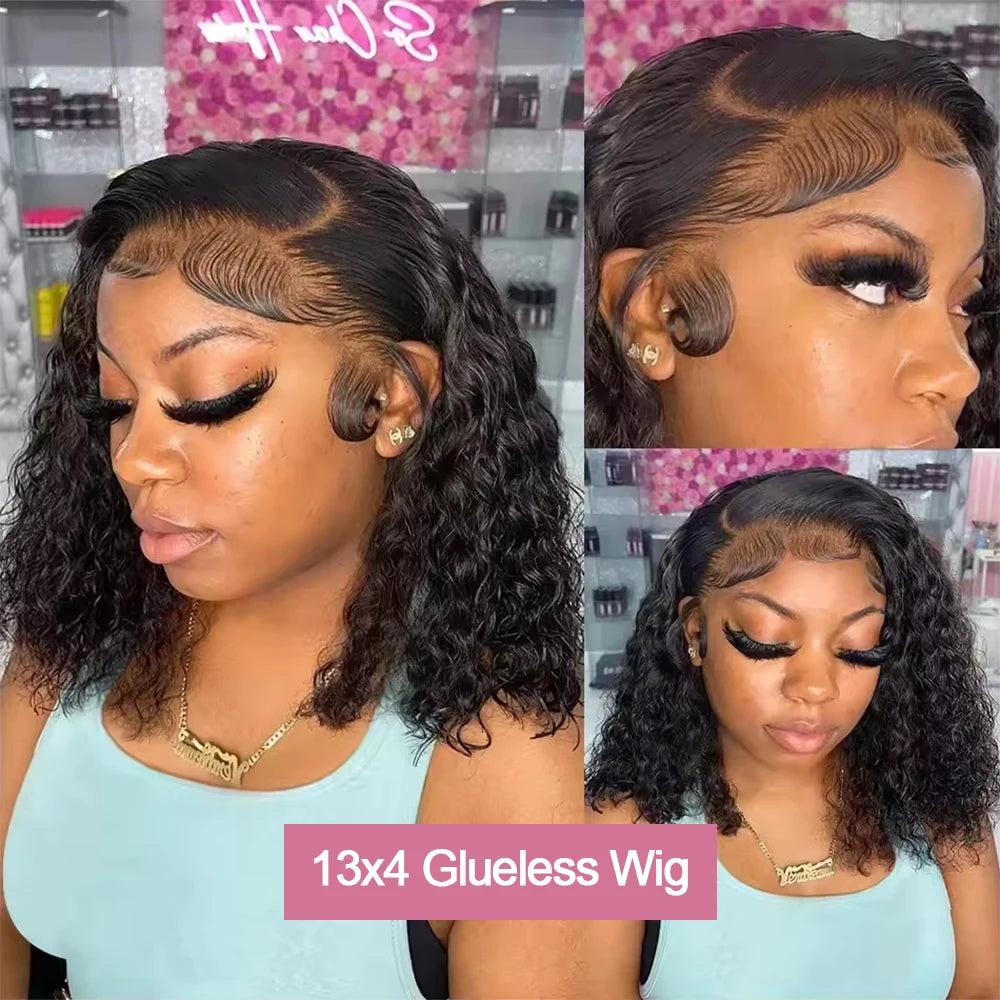 13x4 Pre Cut Lace Deep Wave Bob Lace Wigs For Women Water Curly 7x5 Glueless Wigs 8 Inch Ready To Go Human Hair Wigs Wear And Go