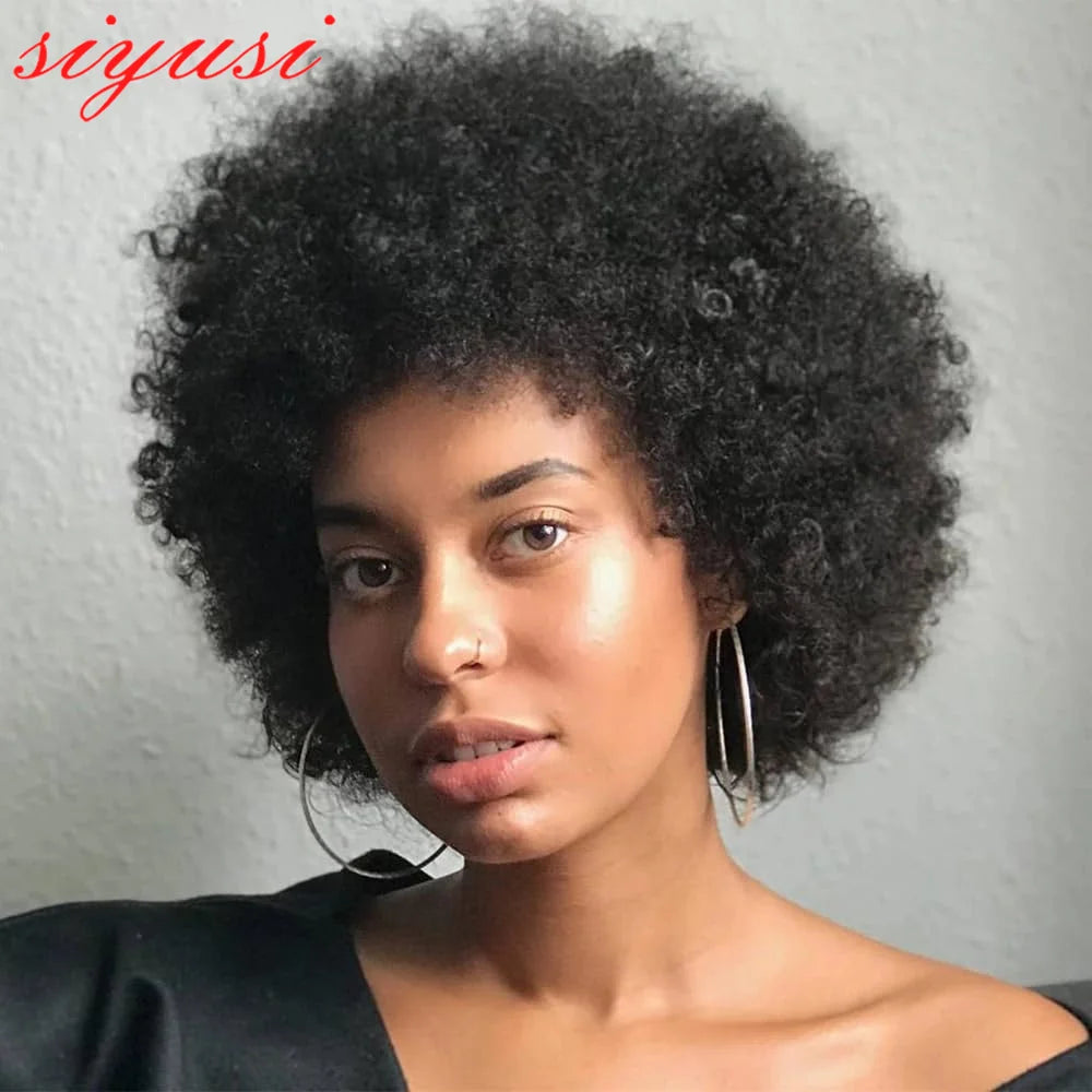 Short Afro Curly Human Hair Wigs 8 Inch Malaysian Remy Curly Afro Hair Wig Full Machine Made Pixie Cut Wigs with Bangs for Women