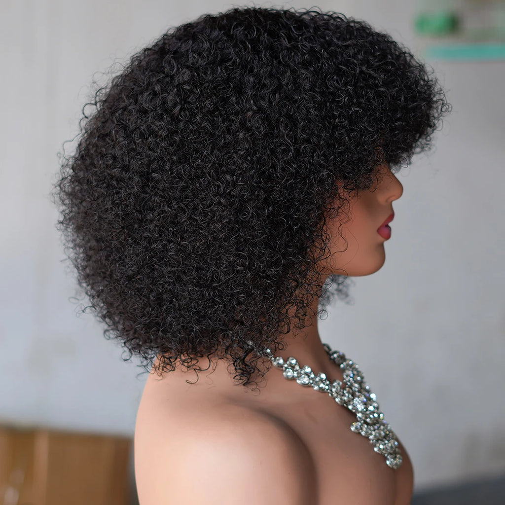 Mongolian Afro Kinky Curly Human Hair Wig With Bangs Machine Made 250% Afro Kinky Curly Wigs For Women Brazilian Glueless Wigs