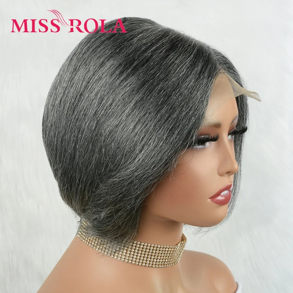 Miss Rola Brazilian 4X4 Lace Front Human Hair Wigs Grey Highlights #44 Bob Style Wavy Hair Lace Wig Remy 180% Density