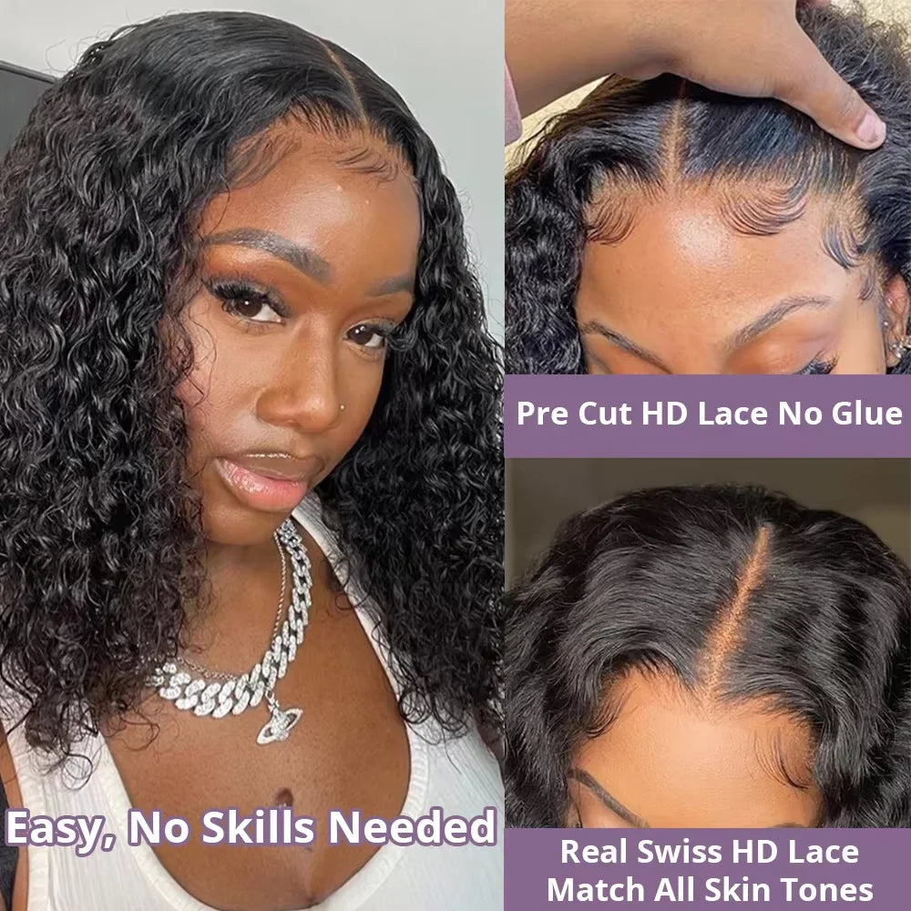250% Density Curly Short Bob Wigs No Glue Deep Water Wave 13x4 Pre Cut Lace Wig 7x5 Glueless Human Hair Wig For Women Pre Plucked