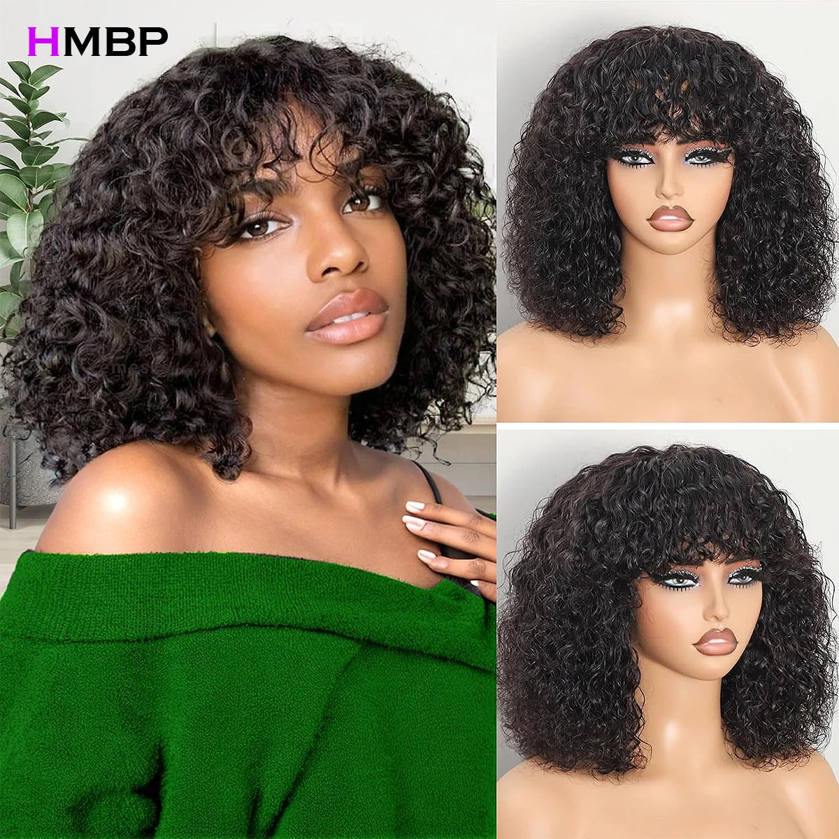 Jerry Curly Short Bob Human Hair Wigs With Bangs Wear To Go Glueless Wig Deep Curly Brazilian Water Wave Wigs For Black Women