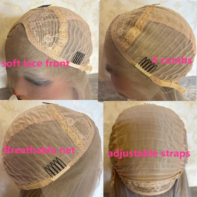 Glueless Wig Premium Fibre Synthetic Hair Lace Front Wig Platinum Ash Blonde Highlights colored Lace Front Wig Natural Hairline