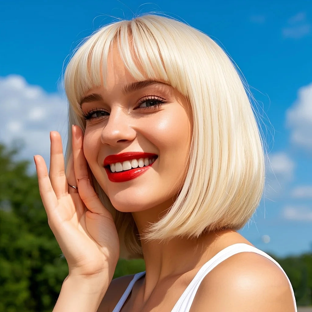 Charming Short Bob Wig, Fully Machine-Made 613 Blonde Hair with Bangs, Women's Short Straight Hair, Real Human Hair Wig, Suitable for Daily Wear, Cosplay, and Christmas Parties