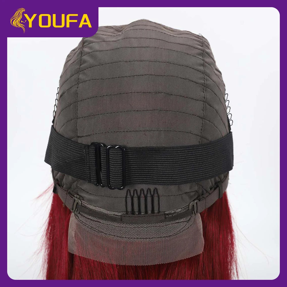 Burgundy 13x4 Lace Front Wigs With Bangs New Style 100% Brazilian Straight Human Hair Wigs Transparent Lace Frontal Bang Wigs