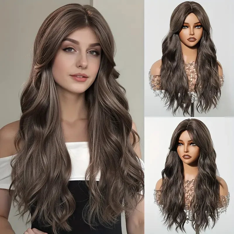 EASIHAIR Long Curly Synthetic Wigs with Bangs Brown Blonde Ombre Natural Wig for Women Silky Hair Heat Resistant Cosplay Wig