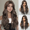 EASIHAIR Long Curly Synthetic Wigs with Bangs Brown Blonde Ombre Natural Wig for Women Silky Hair Heat Resistant Cosplay Wig