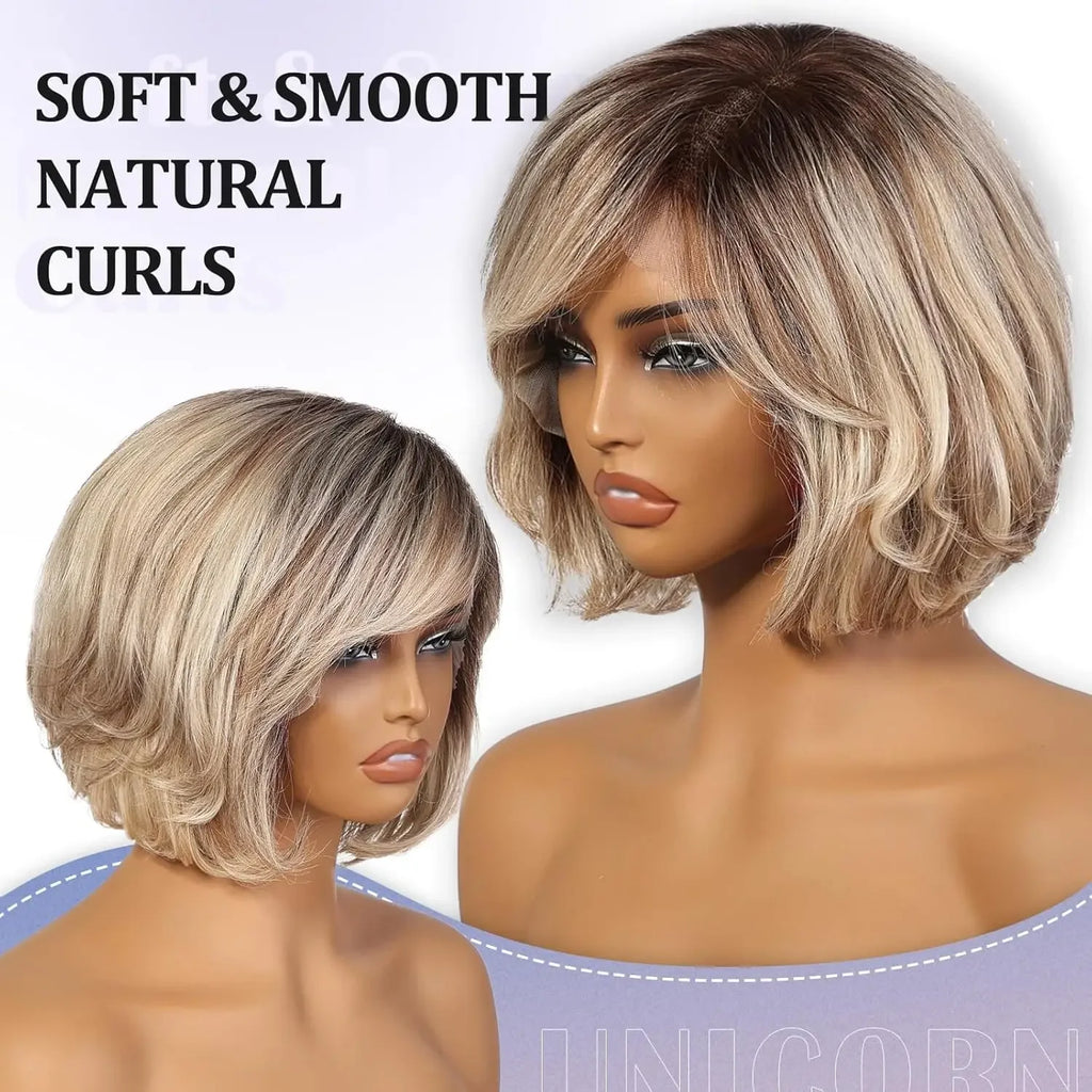 Short Layered Wavy Bob Wig with Bangs for Women Blonde Highlights Human Hair 12 inches HD Lace Front Wigs With Dark Roots