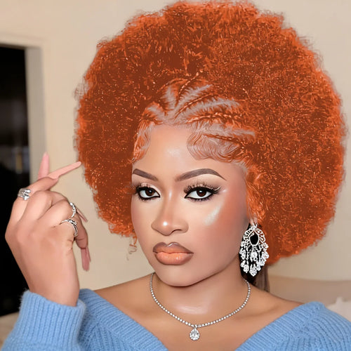 13x4 Lace Front Braided Wigs Human Hair, Pre Braided Afro Kinky Curly Wigs Afro Puff Design for Women