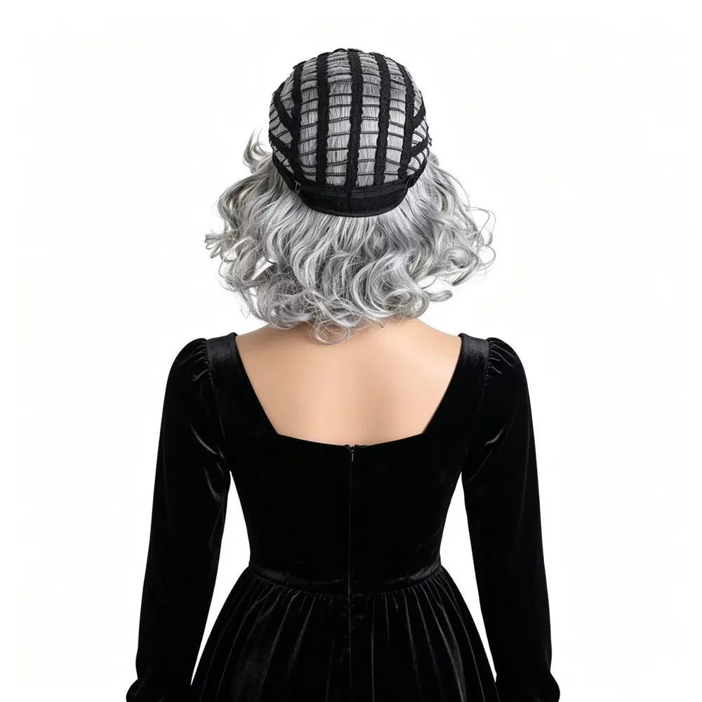 Gray Short Curly Wigs for Women Synthetic Heat Resistant Hair Wig with Bangs Old Lady Wig for Daily Party Cosplay Halloween Hair
