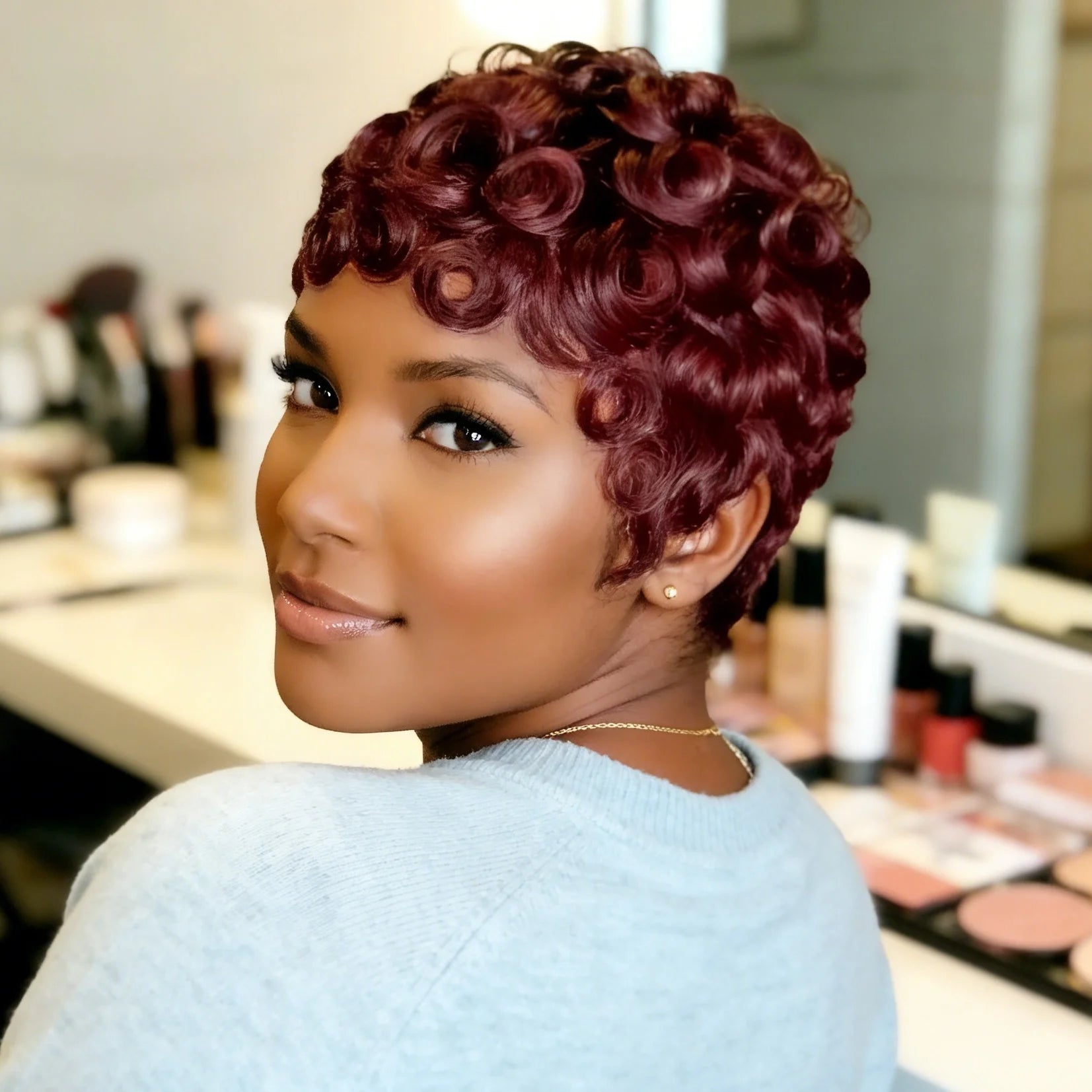 Brazilian Human Hair Wig  Short Pixie Cut with Bang Loose curly Hair for Women Full Machine Wig