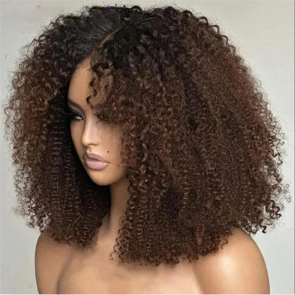 Soft 180Density Ombre Brown Kinky Curly Short Bob Deep Lace Front Wig For Black Women With Baby Hair Preplucked Natural Hairline
