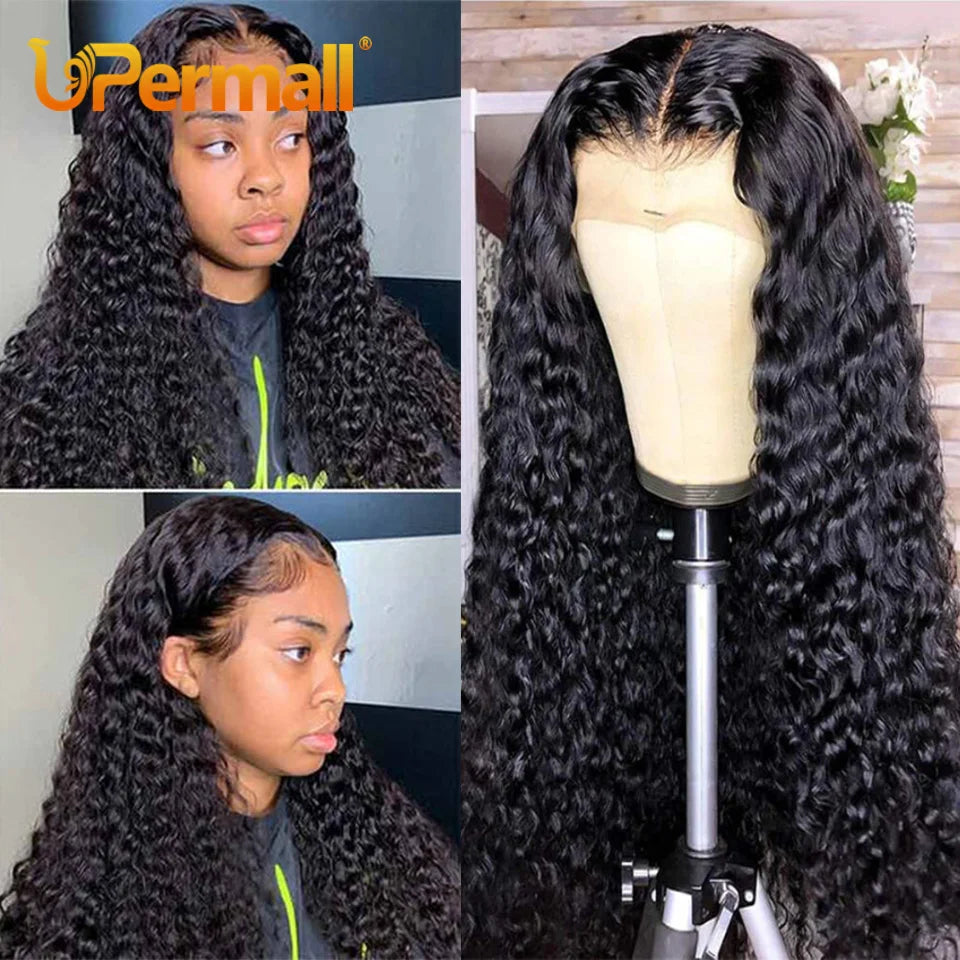 Upermall Deep Curly HD Transparent Lace Front Human Hair Wigs Brazilian Remy 30 Inch 13x4 Deep Wave Frontal BOB For Black Women