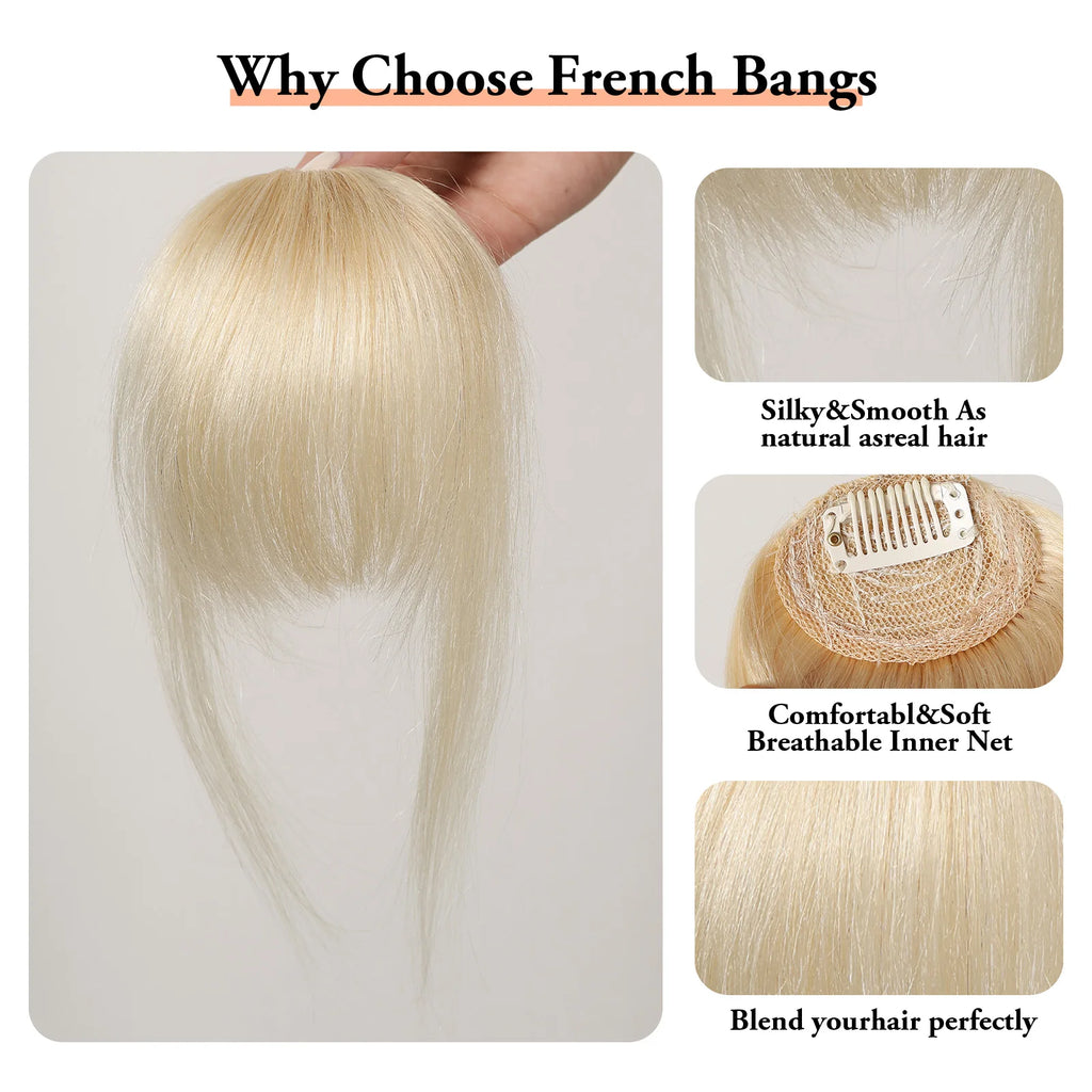 100% Human Hair Bangs Platinum Blonde Human Hair Air Bangs Straight Human Hair Pieces for Women Blunt Bangs 4.5in Hair Extension