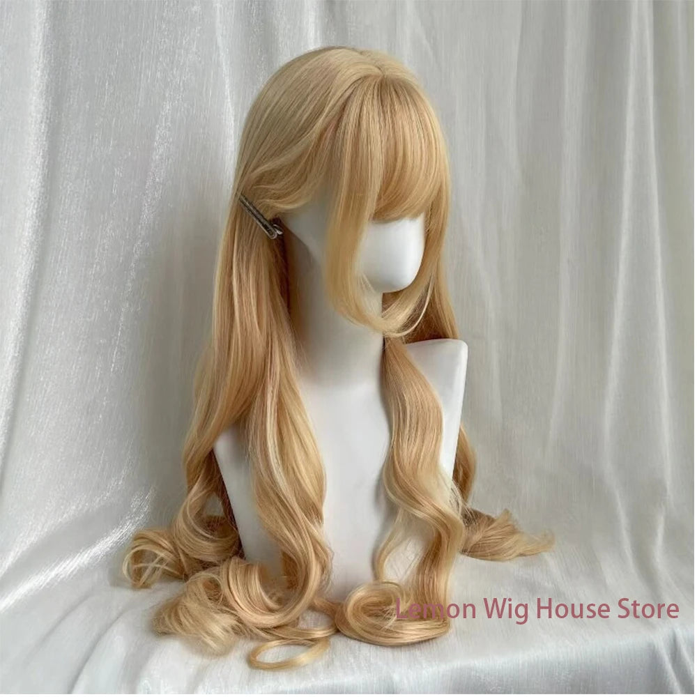 Long Wavy Blonde Synthetic Wig with Bangs Natural Long Curly Hair Lolita Wig for Women Daily Cosplay Halloween Harajuku Wigs