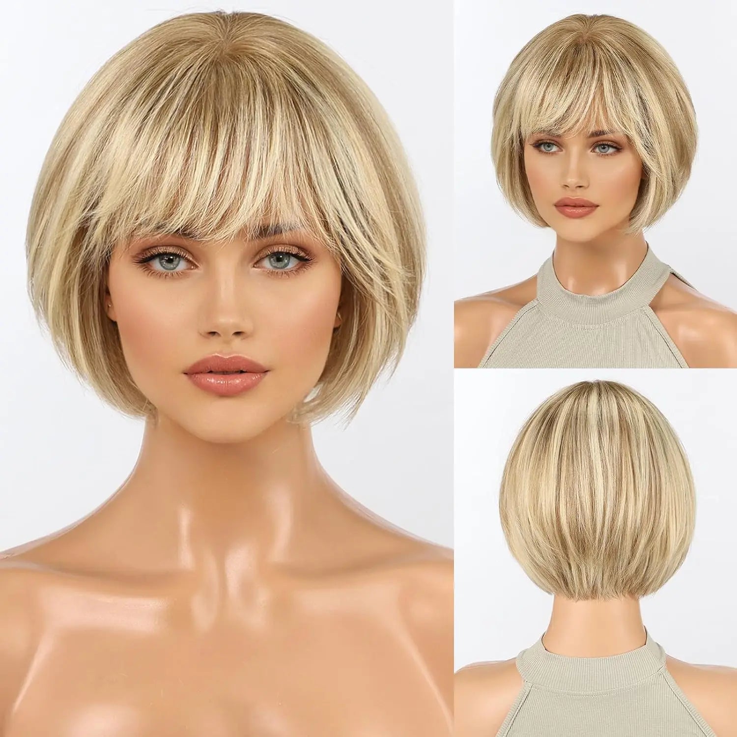 100% Human Hair Short Bob Wig with Bangs Honey Blonde Golden Highlights Glueless Wig for Women Heat Resistant Natural Daily Use