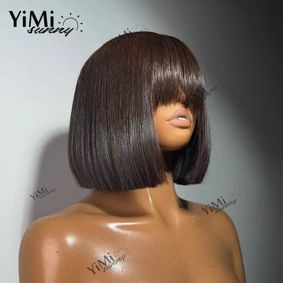 Short Straight Bob Lace Front Human Hair Wig With Bangs For Woman 4x4 Lace Closure Smooth Hair Wig High Density Yimisunny